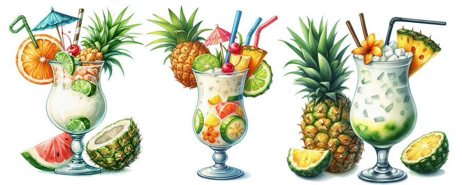 Tropical drink with pineapple and coconut fruit illustration. Tropical Pina Colada cocktail with drink umbrella illustration.