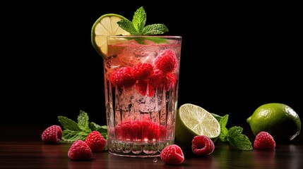 Raspberry mojito cocktail with lime, mint and ice, cold, iced refreshing drink or beverage. copy space for text.