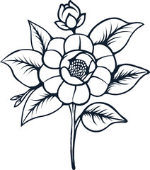 Camellia flower Line art vector illustration suitable for floral designs, botanical prints, themed graphics nature inspired. Vibrant and versatile graphic for various visual and creative purposes