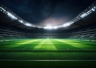 Fototapeta premium Football field illuminated by stadium lights, contrast, good light, Generative AI