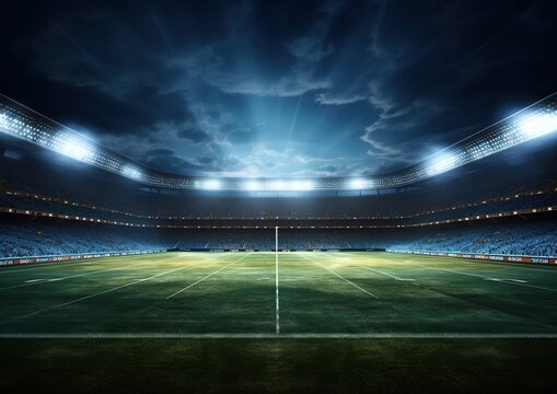 Football field illuminated by stadium lights, contrast, good light, Generative AI