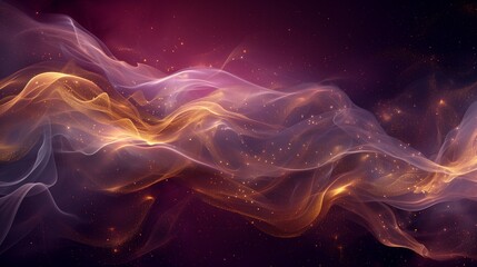 Luminous trails of midnight black, opulent gold, and celestial lavender smoke gracefully unfolding against a rich burgundy background, crafting a sophisticated and mysterious abstract display.  - obrazy, fototapety, plakaty
