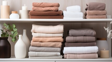 Shelves stocked with neatly arranged towels and wicker baskets create an atmosphere of orderly calm in a well-organized linen closet.