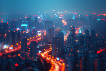 A blurry image of a city at night with lights.