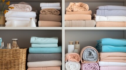 Shelves stocked with neatly arranged towels and wicker baskets create an atmosphere of orderly calm in a well-organized linen closet.