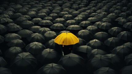 A yellow umbrella among a crowd of black umbrellas - Concept of success, of being special as a leader, with its own identity, having a difference, new ideas and special skills among the others.