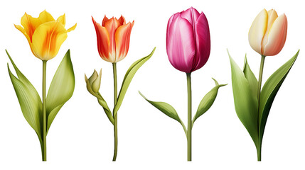 Tulip Collection: Vibrant Flowers, Buds, and Leaves for Botanical Decor, Perfume Design, and Digital Art Creations on Transparent Backgrounds - Floral Beauty in 3D!