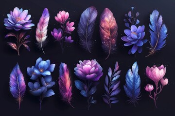 Bird feather icon set, magic flowers, magic mushrooms icon set, 3D icons illustrations for set purple neon gradient aesthetic on black background