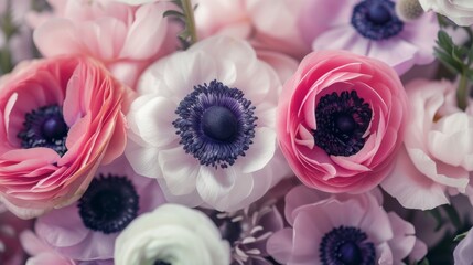 Pastel colored ranunculus and anemone flowers. Floral background