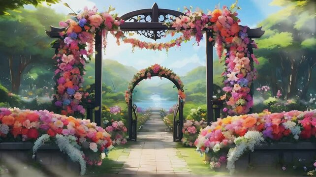 The flower garden gate with the feel of blooming flowers is very beautiful leading to the flower garden