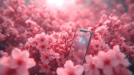 Telefon komórkowy wśród różowych kwiatów