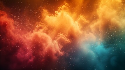 Radiant bursts of sunlit gold, ruby red, and oceanic turquoise smoke dispersing on a solid chestnut background, forming a dynamic and vibrant abstract expression.  - obrazy, fototapety, plakaty