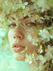 girl in flowers spring blossom background
