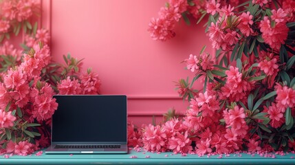 Laptop z pustym ekranem na niebieskim stole i różowej ścianie w tle z kwiatami w rogu - obrazy, fototapety, plakaty