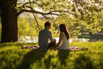Senior couple with labrador enjoying a beautiful spring day under majestic oak tree in the park