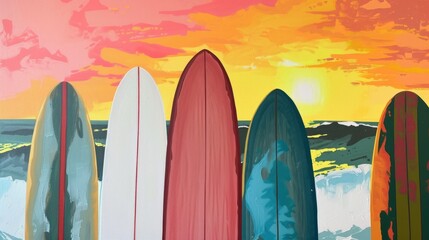 A painting of a sunset with surfboards in the foreground. Perfect for adding a beachy vibe to any space