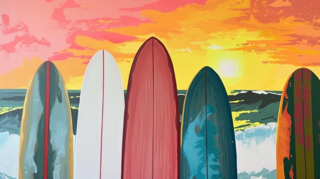 A painting of a sunset with surfboards in the foreground. Perfect for adding a beachy vibe to any space
