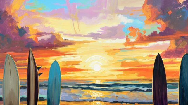 A painting of a sunset with surfboards in the foreground. Perfect for adding a beachy vibe to any space