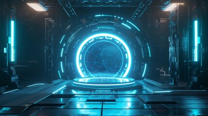 Background podium 3d light game circle blue neon stage screen hologram platform. Virtual 3D podium hud design technology background portal cyber tech cyberpunk digital element show space future room