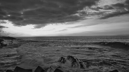 storm and stormy sky over the sea, black and white picture. black and white photo