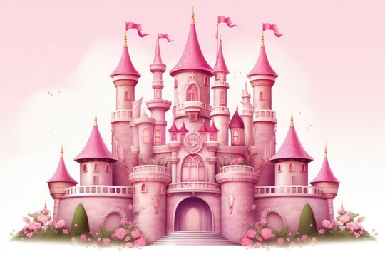 Princess castle in a fairytale style, a wonderful cute princess castle in a fairytale style, pink design. Ai generated