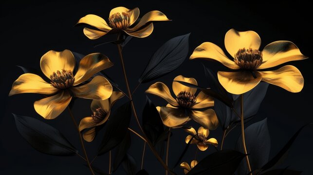 Beautiful golden flowers with black leaves isolated on a dark black background. Creative mystery concept. Elegant love and passion floral idea. 3d Illustration - Powered by Adobe