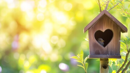 Bird house with the heart shapped entrance on blurred spring outdoor background with copy space