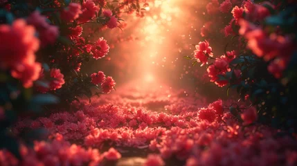Gordijnen Słońce świeci przez drzewa i kwiaty © Artur