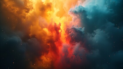 Radiant bursts of sunlit gold, ruby red, and oceanic turquoise smoke dispersing on a solid charcoal backdrop, forming a dynamic and vibrant abstract expression.  - obrazy, fototapety, plakaty