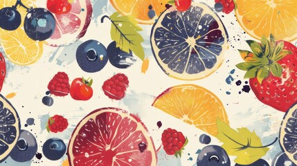 Colorful fruits and berries background. Retro grunge 60s style food poster