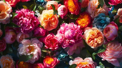 Colorful peony and roses flowers. Floral background