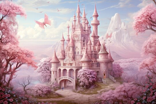 Princess castle in a fairytale style, a wonderful cute princess castle in a fairytale style, pink design. Ai generated