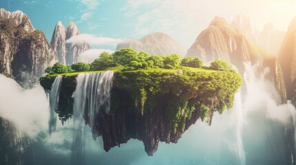 Floating forest island with mountains and waterfalls. Fantasy island with greenery and river with waterfalls. Beautiful landscape with waterfalls and green grass