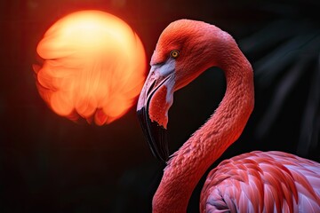 Evening Glow: Pink Flamingo Silhouette, Sunset Background, Serene Nature Scene, Twilight Beauty, Silhouetted Bird, Sunlit Evening, Peaceful Sunset, Natural Tranquility, Graceful Wildlife, 