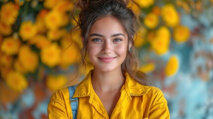 Dziewczyna w żółtej koszulce przed żółtymi kwiatami - obrazy, fototapety, plakaty