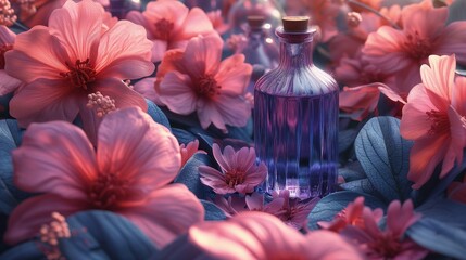 Niebieska butelka perfum otoczona różowymi kwiatami urody - obrazy, fototapety, plakaty