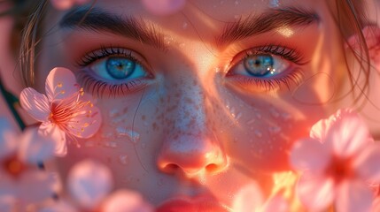 Fototapeta premium Kobieta z niebieskimi oczami i kwiatami we włosach