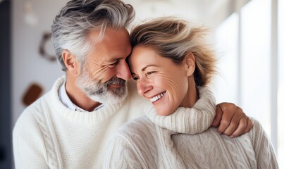 Beautiful professional mature model couple at Valetines day, candid shot of a close up of a very beautiful happy mature couple with opened round eyes wearing knitted sweater	