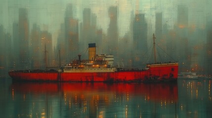 Duży czerwony statek transportowy dryfuje w mieście przed drapaczami chmur - obrazy, fototapety, plakaty