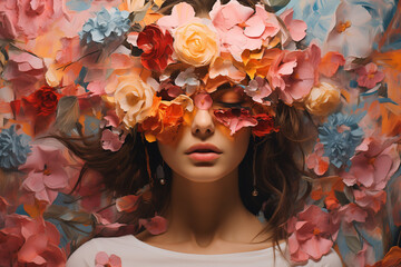 Abstract contemporary art collage portrait of young woman with flowers, retro colors.