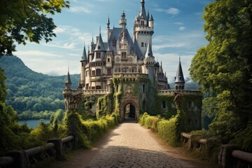 Obraz premium A wonderful cute princess castle in a fairytale style, a wonderful cute princess castle in a fairytale style. Ai generated