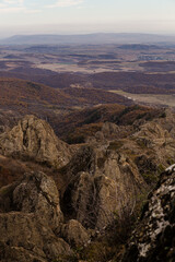 Landscape of mountains in Birtvisi, Georgia. Amazing view of the Caucasus land. Landscape of a mountainous area with rocks and cliffs on an autumn day. Autumn landscape of Birtvisi canyon, Kvemo Kartl