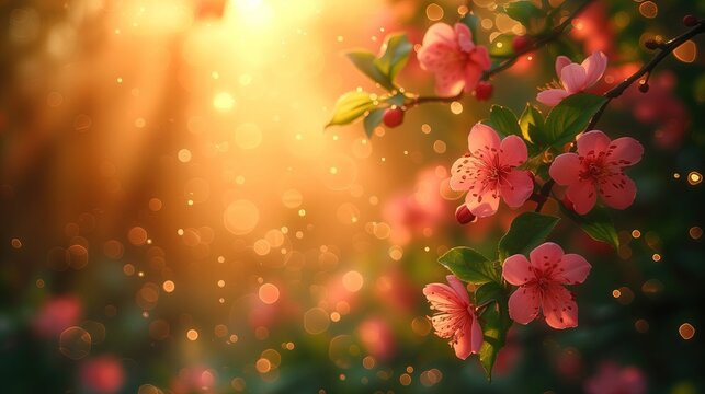 Bliskie zdjęcie r&oacute;żowych kwiat&oacute;w na drzewie. Tło. Tapeta.