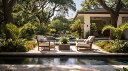 Fototapeta premium Backyard oasis of luxury villa with pool lounge area