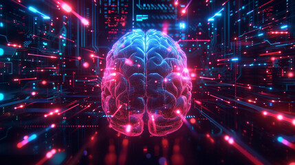 Front view image of brain, Shine motion dark background with shine particles. Cognitive science concept, neurotechnology style. World Brain Day, banner, cover, social media, poster