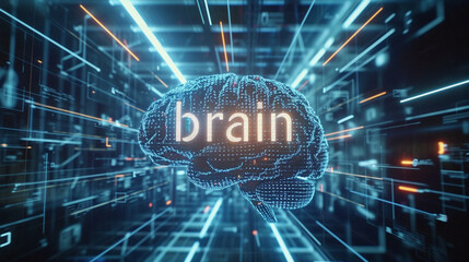 Front view image of digital brain, with text. Light, shine background, cognitive technology style image with motion effect. For science magazines, banner, cover, social media, poster. World Brain Day
