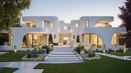 A stunning display of modern architecture, this luxury home features curvilinear white structures and a landscaped garden, captured in the warm glow of dusk..