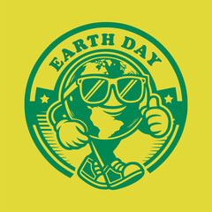 retro art earth day mascot walking wearing sun glasses vector illustration