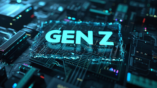 Closeup view on motherboard with gen z sign. Digitalization concept. For design, cover, banner, poster, social media