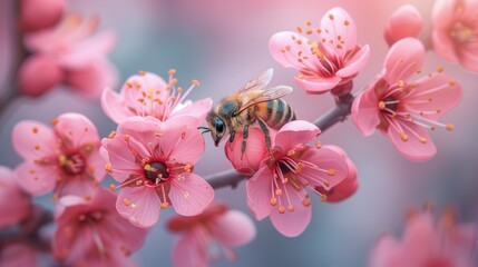 Pszczoła siedzi na różowym kwiatku - obrazy, fototapety, plakaty